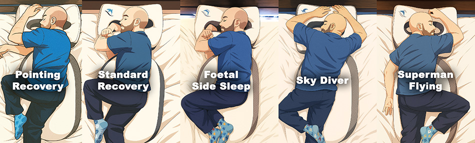 Five sleeping positions with the Side Sleep Pro: Pointing Recovery, Standard Recovery, Foetal Side Sleep, Sky Diver, Superman Flying